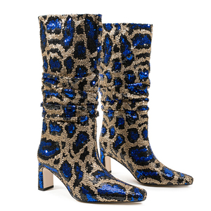 Women's Piled Pleated Upper Knee High Boots Chunky High Heels Leopard Print <b>Shoes</b> Big Size 45 Bling Glitter Long Booties - Product Image 6
