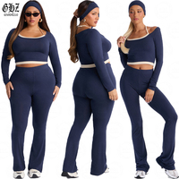Ensemble 4 pièces grande taille 2026 avec contraste de couleurs : haut court à manches longues, pantalon évasé, soutien-gorge dos nu et bandeau – Tenue décontractée et sportive pour femme