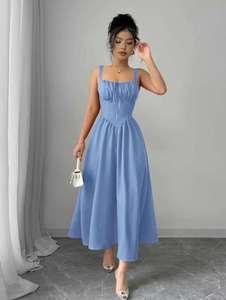 Vestido Casual De Verano DinyIn Para Mujer - Manga Corta, Color Azul Claro, Con Bolsillos