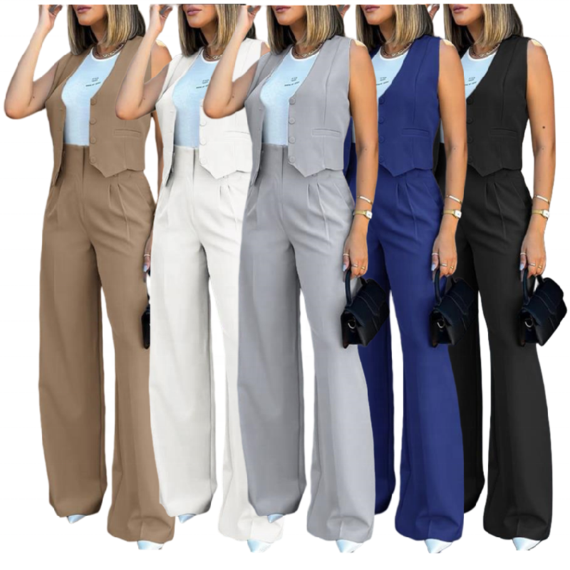 C0126 Latest Design Two Piece Set Women Clothing Office Ladies Suit Waistcoats Wide Leg Pants Set 2 Piece Outfits For Women