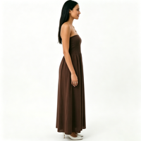 Nouvelle robe maxi estivale sexy sans bretelles, taille smockée, couleur unie