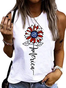 <b>Women</b> <b>White</b> Sunflower Flag Print Tank <b>Top</b> O-Neck Sleeveless Knitted Casual Summer <b>Vest</b> Front Logo Floral Pattern - Product Image 4
