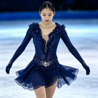Robe de patinage artistique bleu marine à volants, jupe en mousseline de soie dos nu ornée de strass, costume de performance à manches longues pour compétition, personnalisable OEM