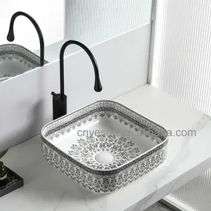 Luxury Royal Washbasin Counter Top Lavatory Ceramic Art Basin Golden Bathroom Vessel Sink Decal Paper Hand Wash Basin