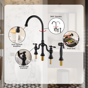 Classic Brass Kitchen Sink <strong>Faucet</strong> with Brushed Finish Traditional Design and Hand Spray for Kitchen Use - Product Image 3