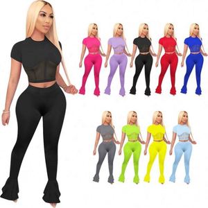 Trajes de Moda para Mujer, Estilo Deportivo, Pantalones Acampanados con Costuras de Malla, Logotipo Personalizado Bordado, Crea Tu Propia Marca - Product Image 5