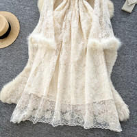 Robe midi élégante pour femme WIWT, broderie en dentelle, coupe trapèze, col montant, manches longues, poignets fourrés, taille perlée, pour le quotidien