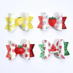 3Inch New Design Summer Clips Making Suppliers PVC Glitter Leather Fruits Hair Bows Clips For Girls