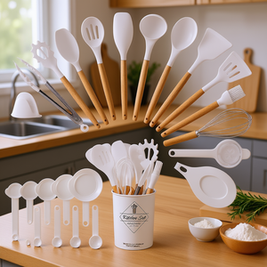 CJCJ Juego de 35 Utensilios de Cocina de Silicona Blanca con Mango de Madera y Soporte - Product Image 2