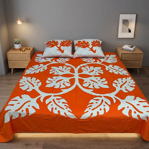 Hermosa ropa de cama con estampado de Color naranja Hawaiano, Sábana de cama Queen, Sábana de algodón puro con lavado de agua fría para dormitorio - Product Image 4
