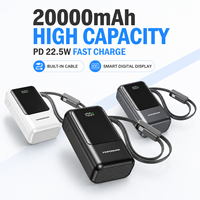Batterie externe 20000mAh PD 22.5W à charge rapide avec câble intégré, écran LCD, chargeur portable pour téléphone et voyage