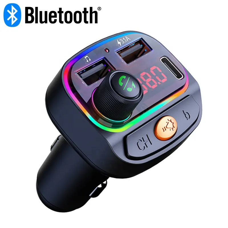 Amazon Nóng Bán Đèn Đầy Màu Sắc Xe Bluetooth Fm Transmitter 3.1A Usb Car Charger Đa Chức Năng Car Mp3 Player Với Usb C