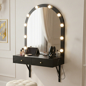 Modern Floating Floor Mount Solid Wood Makeup <b>Vanity</b> Desk LED Mirror 3 Color Lights Power Outlet USB Charging 2 Drawers Storage - Product Image 1