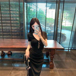 Korean Style V Neck Pleated Waist Bodycon Dress Black Elegant Cocktail Dress Women Summer Solid Color Fashion Dress - Product Image 5