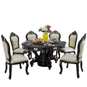 Classical luxury solid wood 6 chairs round marble dining table