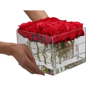 Soporte de exhibición de flores rojas para boda, organizador de flores de 9 agujeros, caja de almacenamiento de 2 niveles con tapa, caja de regalo rosa