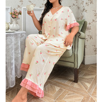 Ensemble de pyjama pour femmes grande taille, imprimé lisse, à blocs de couleurs, ample, motif floral doux, vêtements de maison pour l'automne.