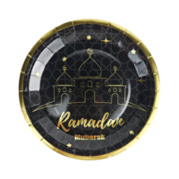 Articles de fête Ramadan Mubarak en noir et or, vaisselle Ramadan Mubarak, assiettes, gobelets et serviettes en papier jetables, festival musulman islamique