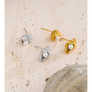 ต่างหูรูปหอยสังข์3068สวยงาม Jinyou ต่างหูไข่มุกจำลองชุบทองสแตนเลสสำหรับเป็นของขวัญ - Product Image 2