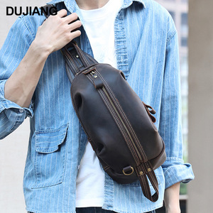 Bolso de pecho para hombre Dujiang, de cuero Crazy Horse, con cierre de cremallera, informal, bandolera, para uso diario. - Product Image 1