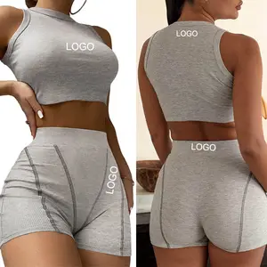 custom woman fashionable clothes solid slim booty summer women short set plus size casual crop tank top shorts for women sets