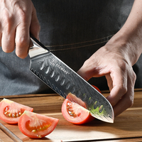 Couteau Santoku en acier Damas de 7 pouces, bord Granton, ultra-affûté, couteau de cuisine japonais avec manche en bois stabilisé et résine