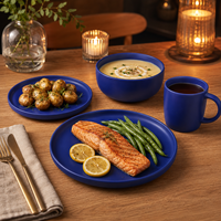 Service de table en céramique de luxe européen bleu mat de qualité supérieure, 16 pièces pour quatre personnes, résistant au lave-vaisselle et à la chaleur