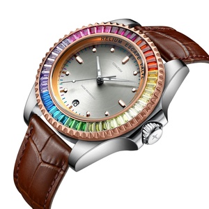 Montre mécanique automatique pour homme avec lunette en diamant arc-en-ciel NH35, montre-bracelet de luxe en cuir véritable imperméable pour les affaires - Product Image 3