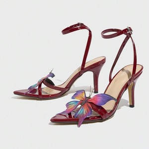 Sandales sexy pour femmes à talons aiguilles, ornées de papillons, à brides croisées au dos et à bout pointu, couleur bordeaux - Product Image 3