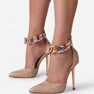 Pointed Toe <b>Pumps</b> Wedding High Heels Stone Print Chain Ornament Pointed Toe Summer Back Zip - Product Image 1