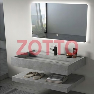 Meuble de salle de bain suspendu en pierre de marbre moderne avec miroir LED et lavabo en pierre, intégrant un meuble de luxe en dalle de roche - Product Image 5