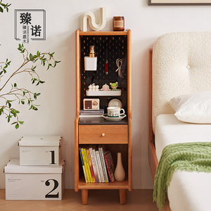 Table de chevet nordique en bois massif cerisier avec panneau perforé pour chambre à coucher - Product Image 2