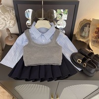 2024 automne gilet bleu rayé chemise plissée fille jupe costume Preppy filles costumes 3 pièces filles costumes