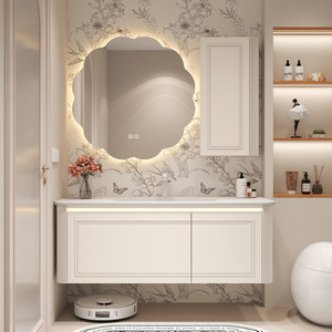 Cream-Toned French-Style Ceramic Vanity with Integrated Sink Lace-Edged <b>Mirror</b> Oak Finish—A Light Luxury Bathroom Cabinet - Product Image 1
