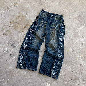 بنطلون جينز رجالي واسع الساق مخصص، فضفاض مغسول وممزق بتطريز وسحاب، تصميم ستريت وير بمقاسات كبيرة - Product Image 2