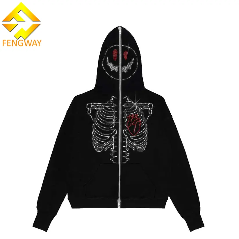 Fengway Custom Rhinestone Street Cardigan Hoodie High Quality Hooded Sweatshirt Full Face Zip Up Hooded Jacket