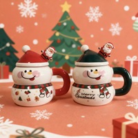 Mug en céramique Bonhomme de neige avec couvercle, figurine Père Noël, tasse à café de Noël blanche à deux niveaux, couleurs rouge et vert, Joyeux Noël, vente en gros