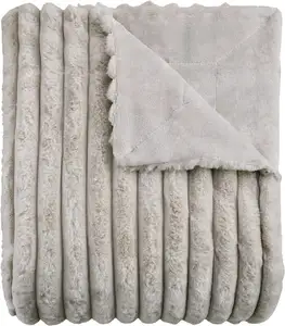 沙发床客厅用条纹人造毛毯保暖蓬松羊毛，法兰绒反面