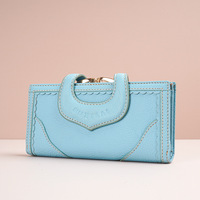 Portefeuille long antivol en cuir véritable de créateur pour femme, avec porte-monnaie et pince à billets en cuir de vachette souple à fermeture à boucle