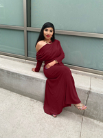 Vestido de Noche Maxi para Mujer al por Mayor, de un Solo Hombro, Manga Larga, Silueta en A, Fruncido, Elegante, con Cintura Imperio y Cola Capilla, para Fiesta Formal