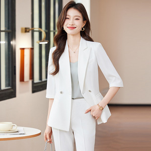 Women's Mid Sleeve <b>Blazer</b> Suit <b>Set</b> Solid Color Polyester Breathable No Wrinkle Treatment Casual Professional Style - Product Image 2