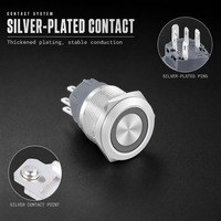 Interrupteur à bouton-poussoir LED métallique 16 mm, anneau lumineux, momentané, verrouillable, étanche, pour panneau de commande industriel