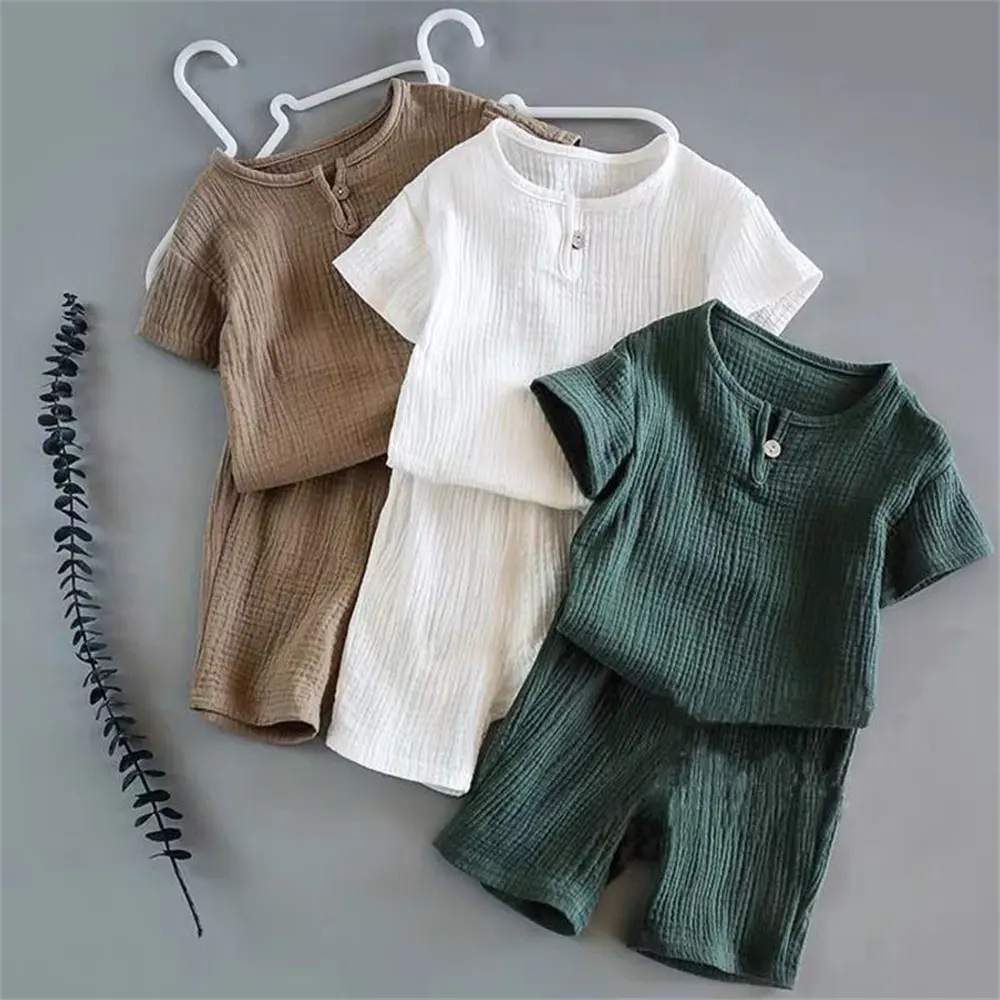 Produsen Kustom Musim Panas Balita Bayi Katun Linen Solid Kemeja Celana Pendek Anak-anak Setelan Anak-anak Anak Laki-laki Perempuan Pakaian 2 Buah Set