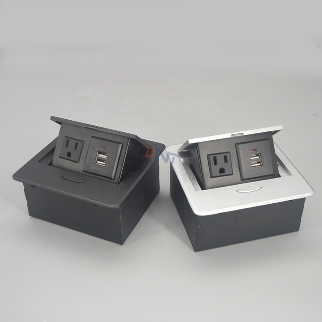 Zinc Alloy Office Hidden Desktop Recessed Pop up Table Power Socket Outlet Box With US AC Outlet Power Usb Charger