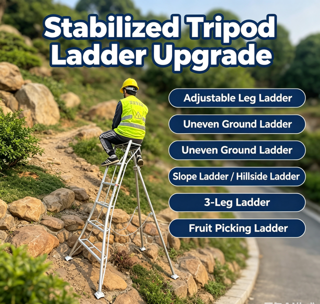 Aluminum Tripod Orchard Ladder 150kg Adjustable Legs Anti Slip Fruit Picking Ladder for Orchard Vineyard Tree Pruning Custom