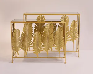Mesa larga dorada con hojas de hierro, mesa corta, espejo, diseño de hojas
