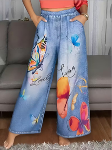 New Women's Faux Denim Print Straight Leg Pants-Mid-Waisted Loose Fit Breathable with Pockets Summer Casual - Product Image 2