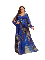 Robe de soirée modeste en mousseline de soie à imprimé floral aquarelle bleu taille plus, col en V, manches fendues, taille froncée pour femmes