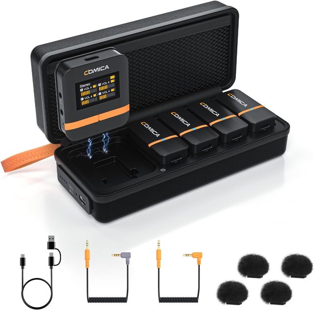 Comica Vimo Q Wireless Lavalier Microphone System with 4 Transmitters and 1 Receiver, 4 Audio Tracks Individual Output, Noise
