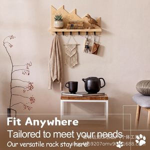 Wooden Cat Wall Shelf With Hooks Storage Rack For Keys Coats Towels Living Room Entrance <b>Door</b> Mount - Product Image 5